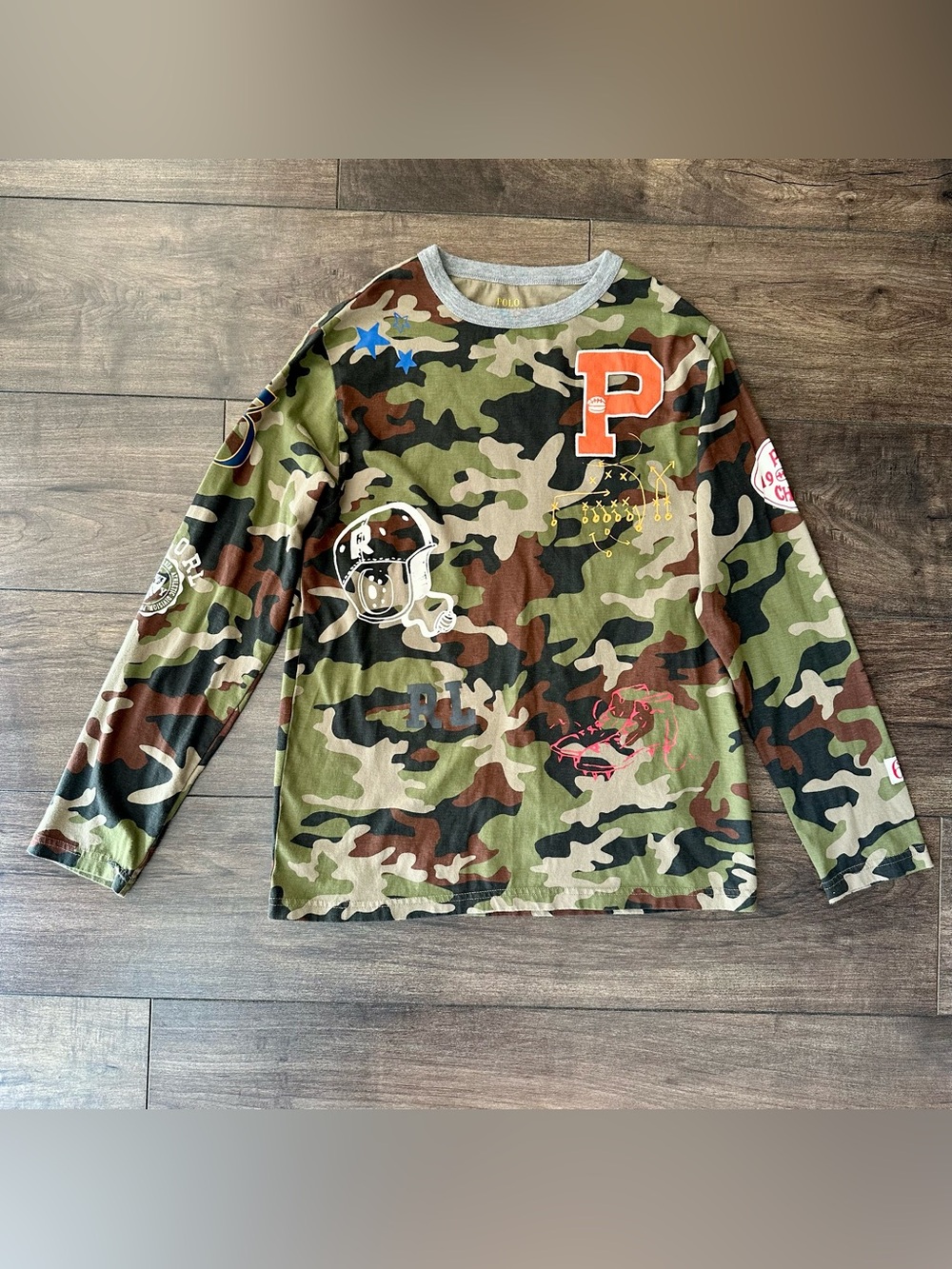Polo Ralph Lauren Boys L 14-16 Camo Long Sleeve Graphic Varsity T-Shirt Football